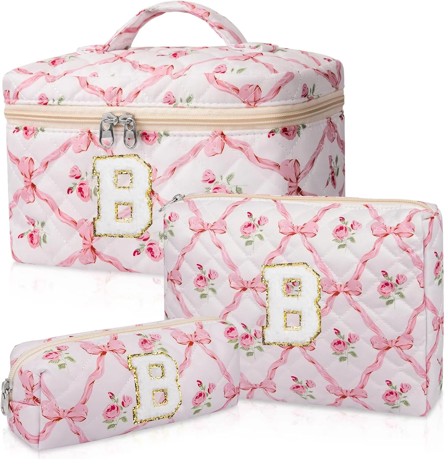 Personalized Initial Makeup Bag Set, Quilted Makeup Bag, Large Floral Cosmetic Bag for Women, Cute Cotton Custom Make up Bags, Flower Travel Toiletry Bag Teen Girl Gift Trendy Stuff Gift B