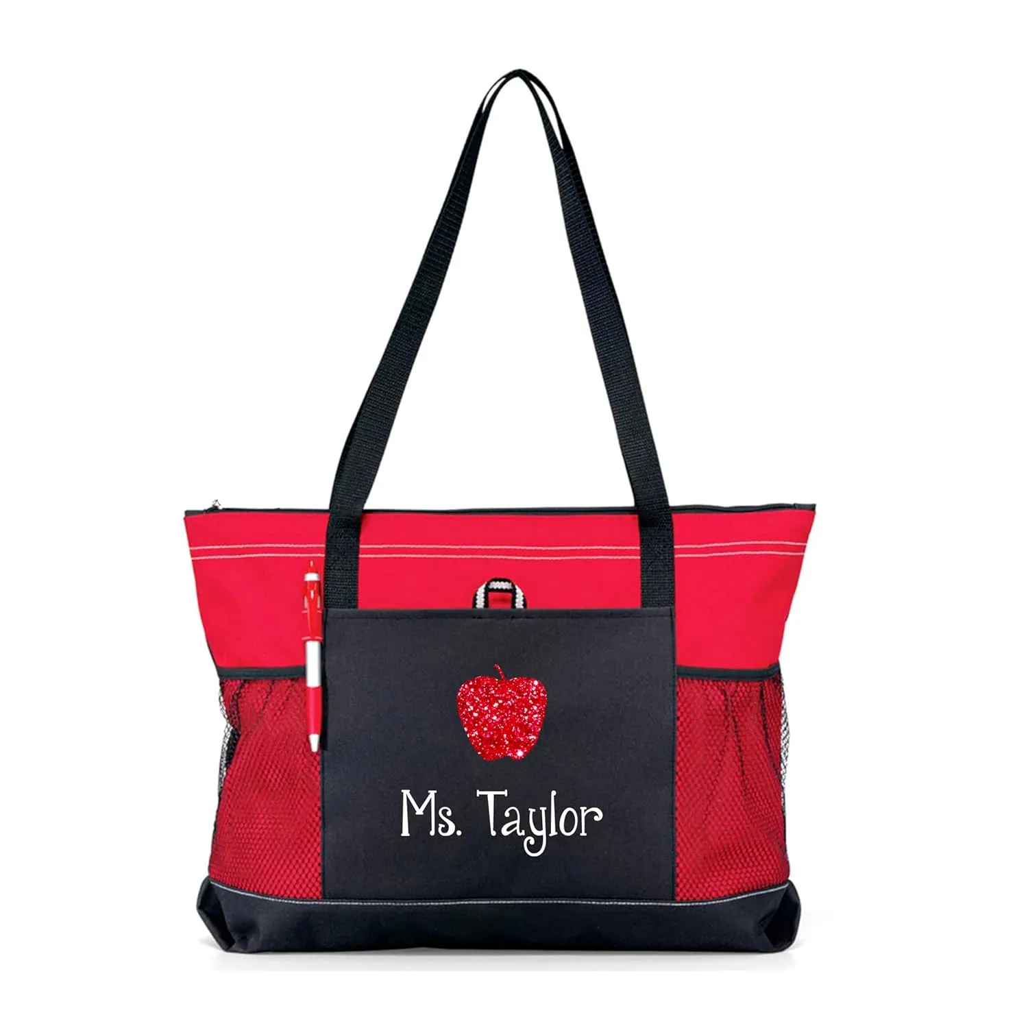 Personalized Teacher Apple Red and Black Tote Bag Teacher Gift With Your Name