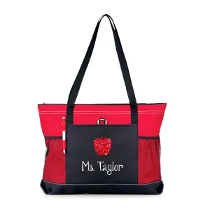 Personalized Teacher Apple Red and Black Tote Bag Teacher Gift With Your Name