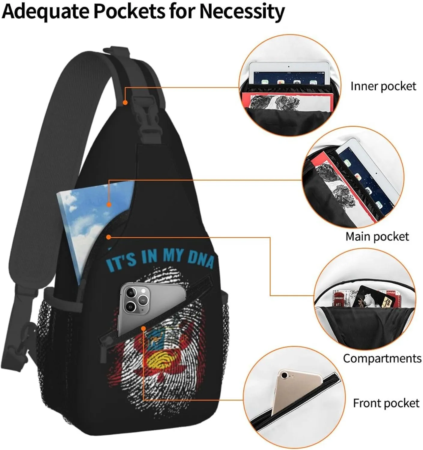 Peruvian Peru Flag Fingers Print It's In My Crossbody Bags Sling Backpack Cross Chest Bag Sports Shoulder Bag Gym Fanny Pack Adjustable Cycling Daypack Diagonally Rucksack for Running