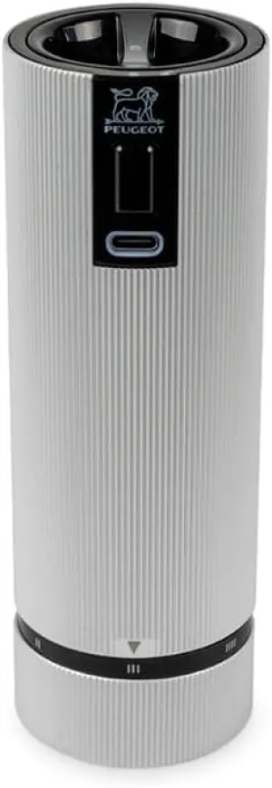 PEUGEOT - Electric Pepper Mill Rechargeable Line u'Select 15 cm   Peppercorns Included - 6 Preset Settings - Aluminium - Carbon Colour