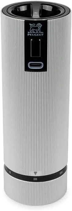 PEUGEOT - Electric Pepper Mill Rechargeable Line u'Select 15 cm   Peppercorns Included - 6 Preset Settings - Aluminium - Carbon Colour