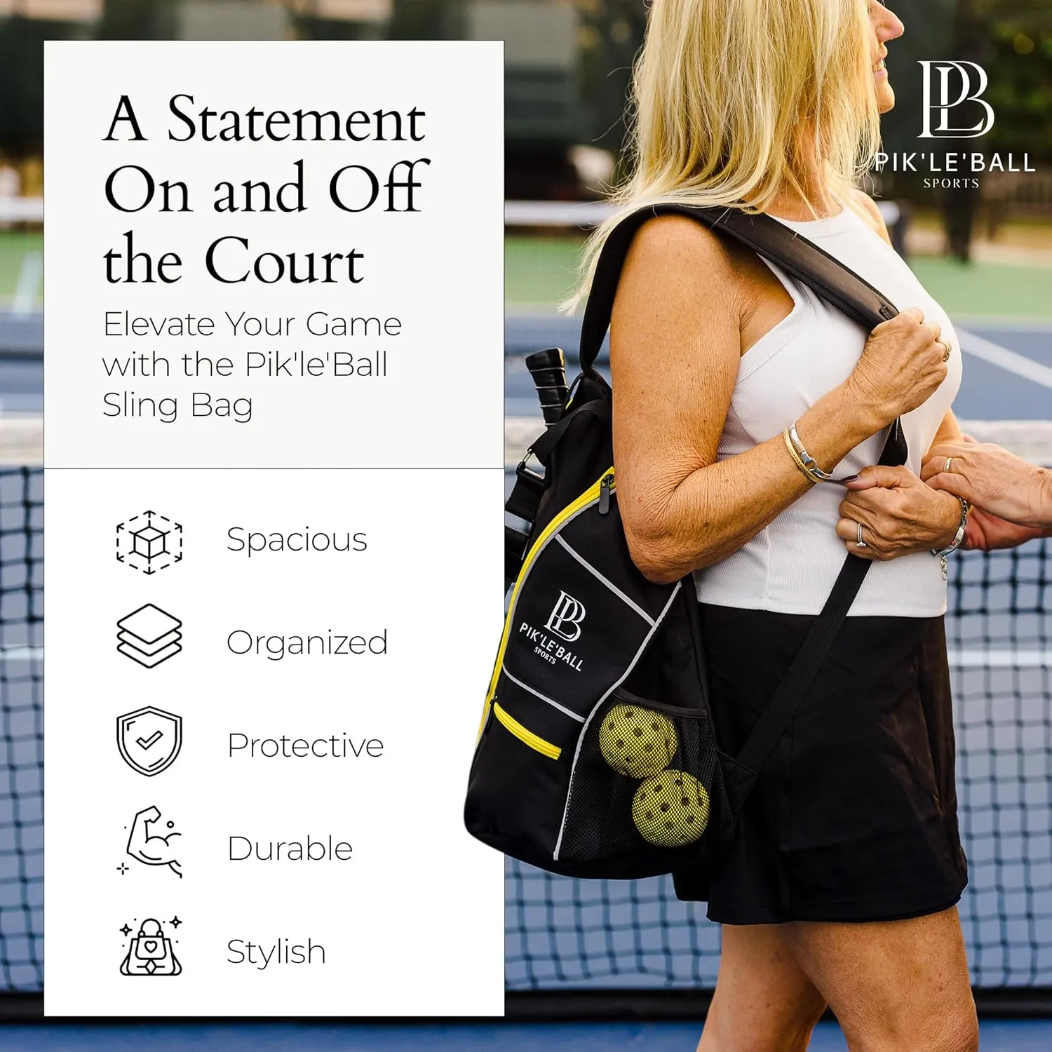 Pik’le’Ball Sports Pickleball Sling Bag – Stylish, Waterproof & Lightweight Crossbody Bag for Men and Women, Pickleball Bag with Pickleball Paddles Pocket, Ball Holder, Adjustable Strap
