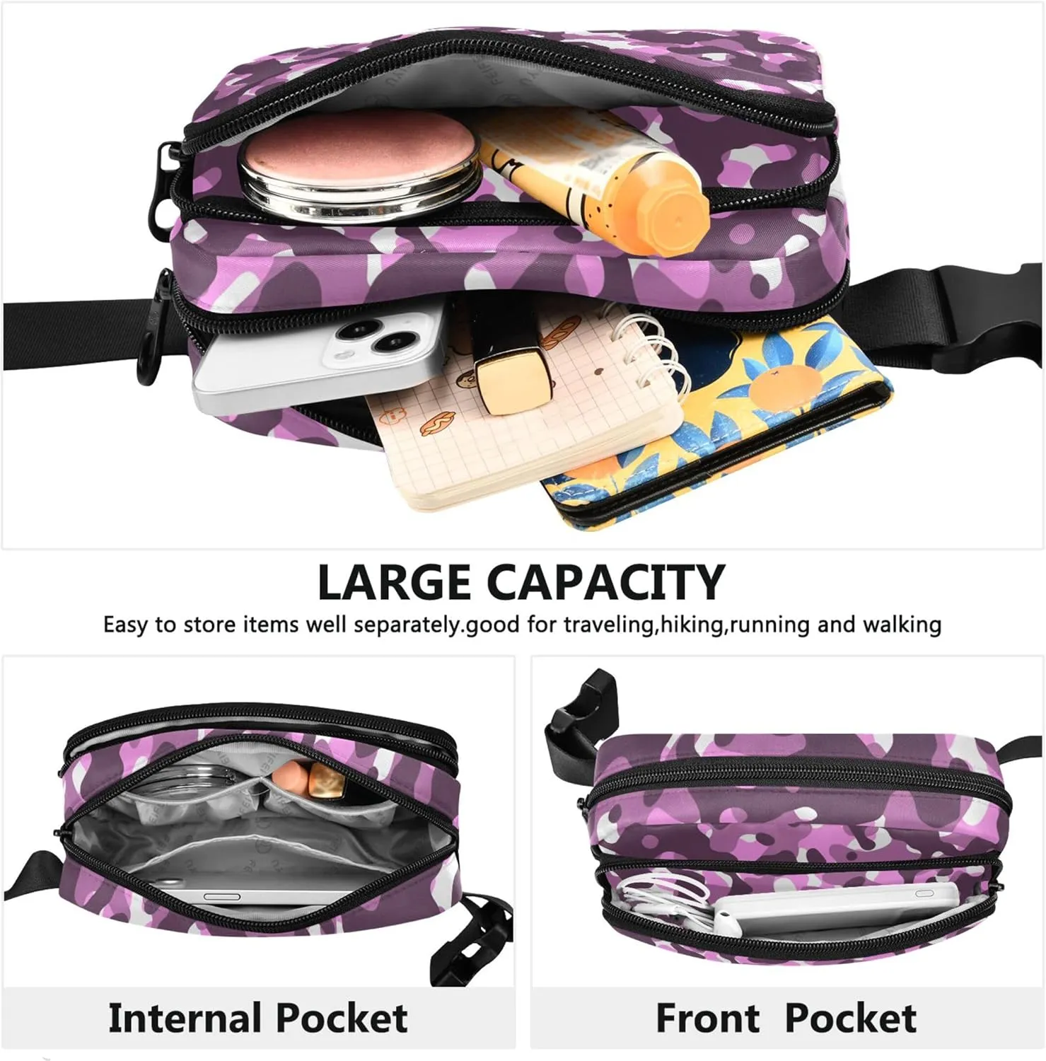 Pink & Purple Camouflage Women Fanny Packs Waterproof Belt Bag Hip Pack Colorful Cross Body Waist Purse