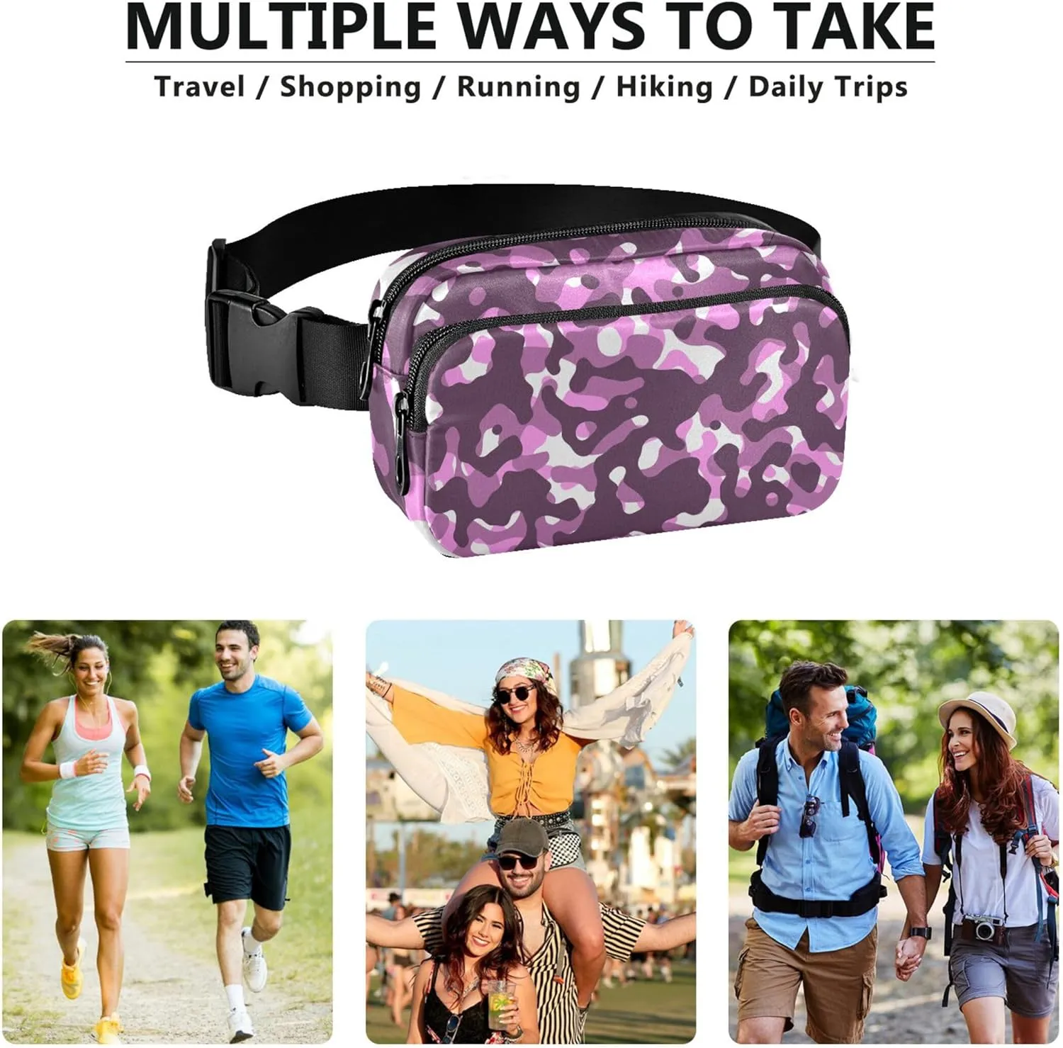 Pink & Purple Camouflage Women Fanny Packs Waterproof Belt Bag Hip Pack Colorful Cross Body Waist Purse