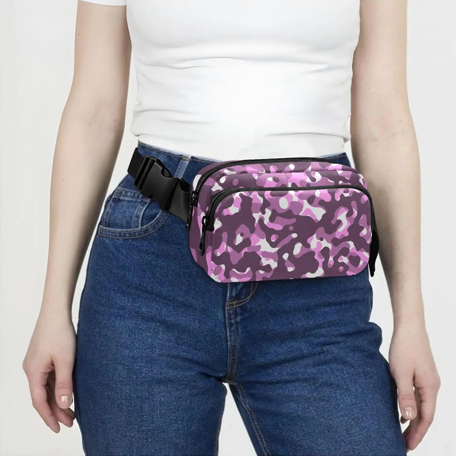 Pink & Purple Camouflage Women Fanny Packs Waterproof Belt Bag Hip Pack Colorful Cross Body Waist Purse