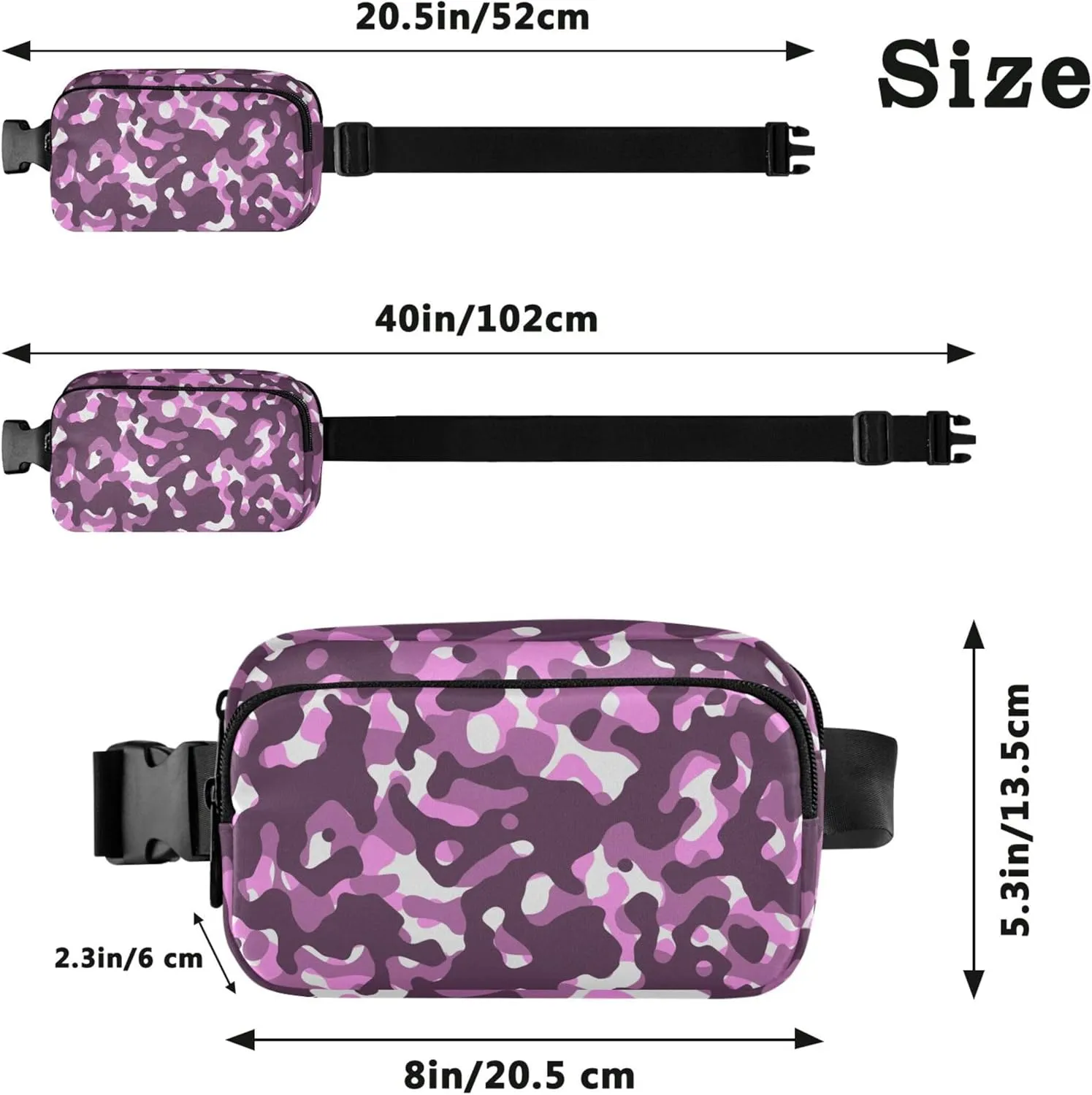 Pink & Purple Camouflage Women Fanny Packs Waterproof Belt Bag Hip Pack Colorful Cross Body Waist Purse