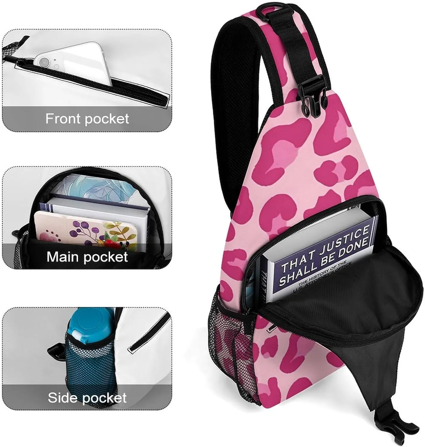 Pink Leopard Pattern Sling Backpack Mens Women Crossbody Backpack Chest Bag Running Daypack Shoulder Bag Small Cross Body Bags Outdoor Backpacks