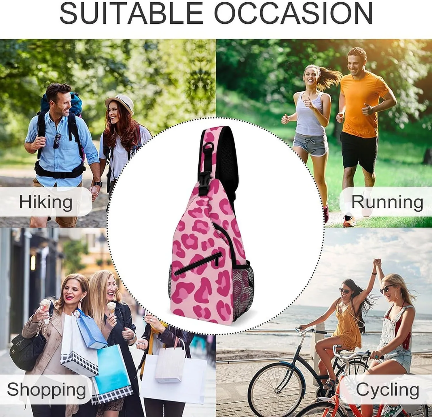 Pink Leopard Pattern Sling Backpack Mens Women Crossbody Backpack Chest Bag Running Daypack Shoulder Bag Small Cross Body Bags Outdoor Backpacks