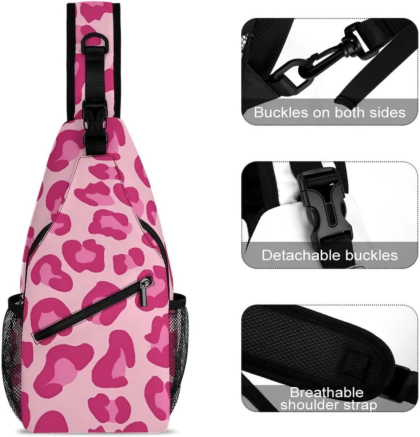 Pink Leopard Pattern Sling Backpack Mens Women Crossbody Backpack Chest Bag Running Daypack Shoulder Bag Small Cross Body Bags Outdoor Backpacks
