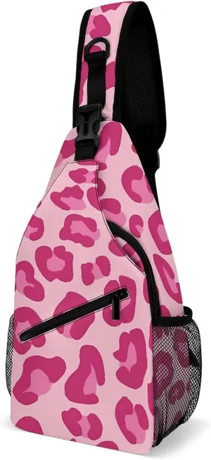 Pink Leopard Pattern Sling Backpack Mens Women Crossbody Backpack Chest Bag Running Daypack Shoulder Bag Small Cross Body Bags Outdoor Backpacks