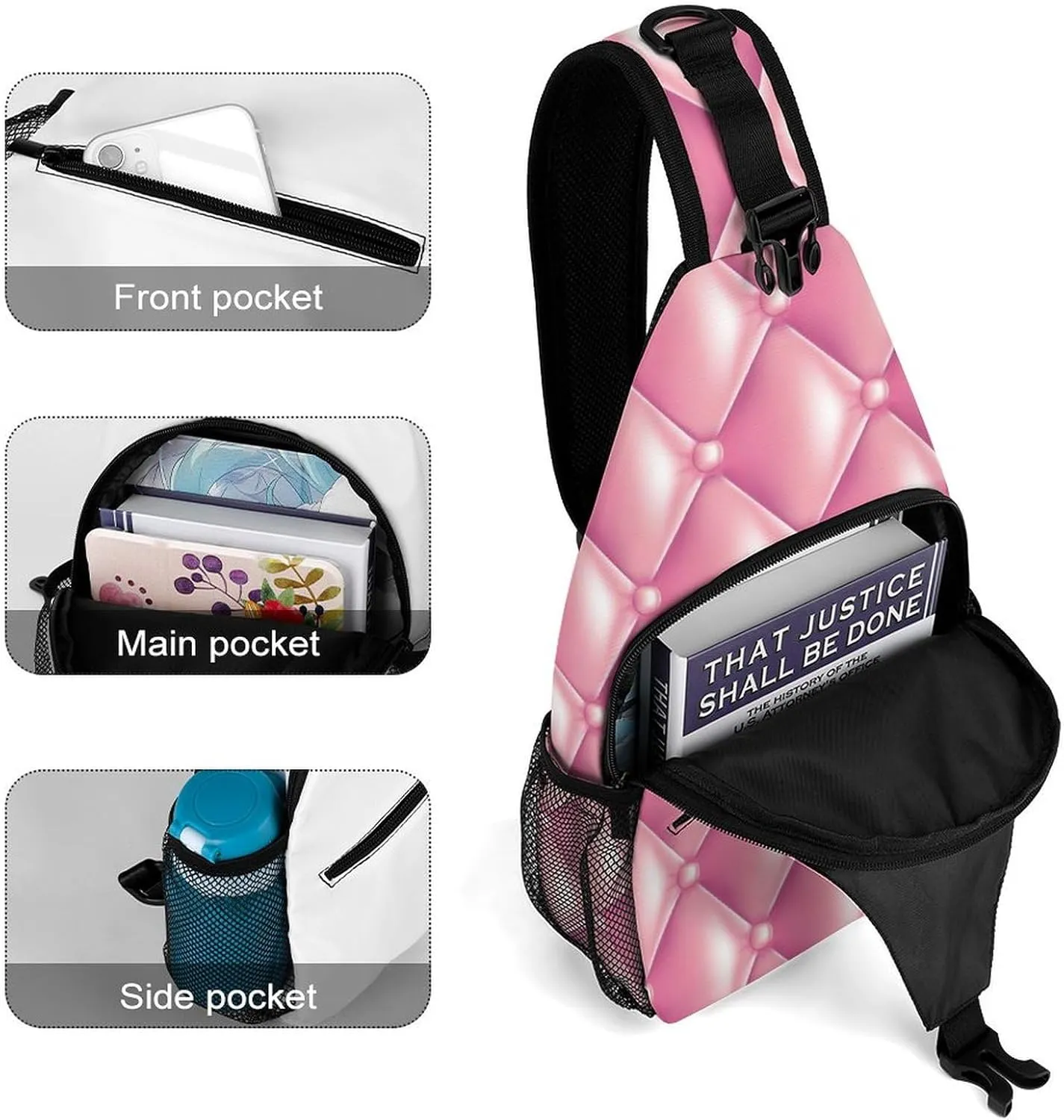 Pink Quilted Texture Sling Backpack, Crossbody Shoulder Bag, Chest Bags for Outdoor Travel Fitness