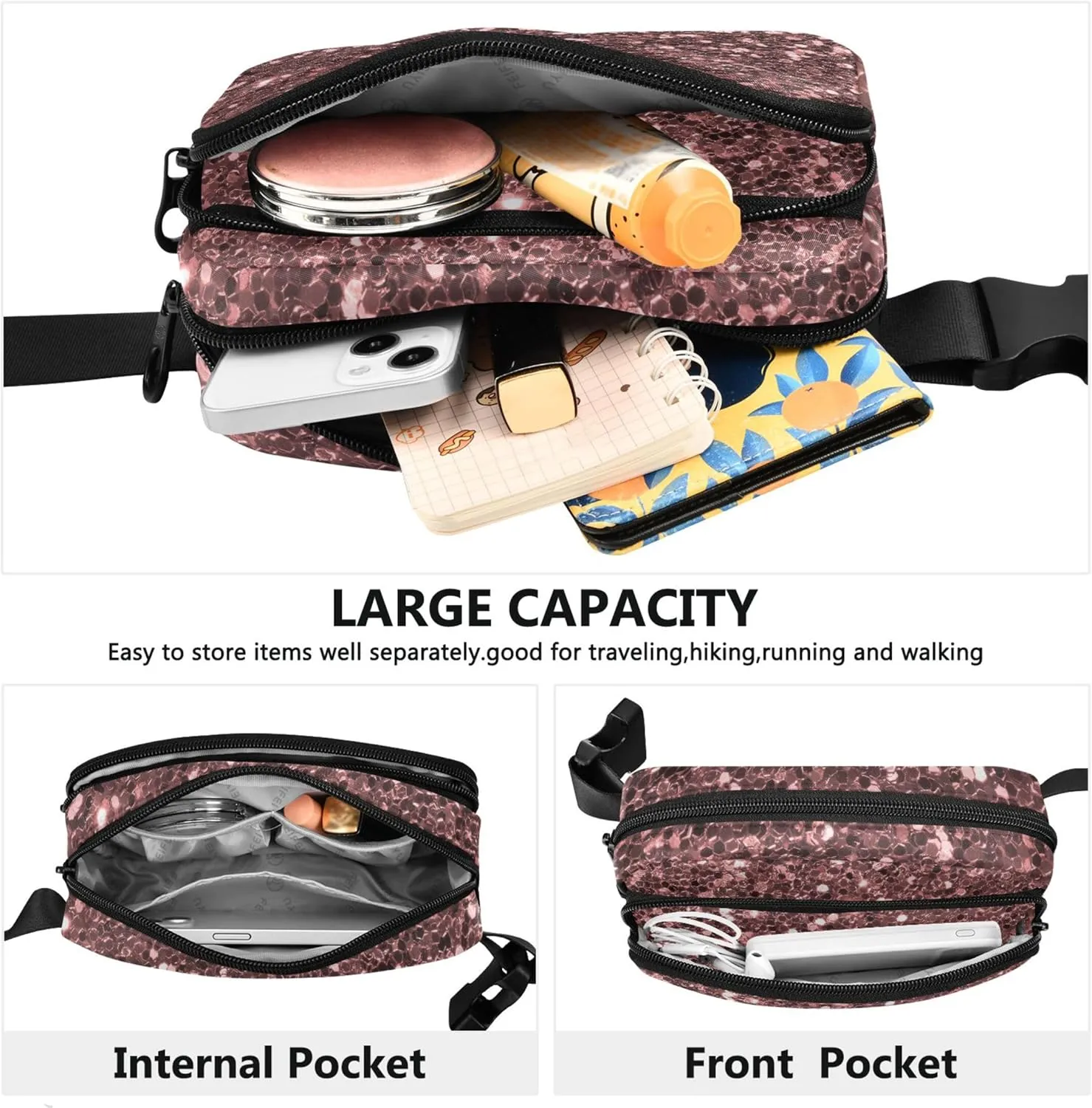 Pink Rose Glitter Womens Fanny Pack Waterproof Everywhere Belt Bag Neon Crossbody Waist Pack