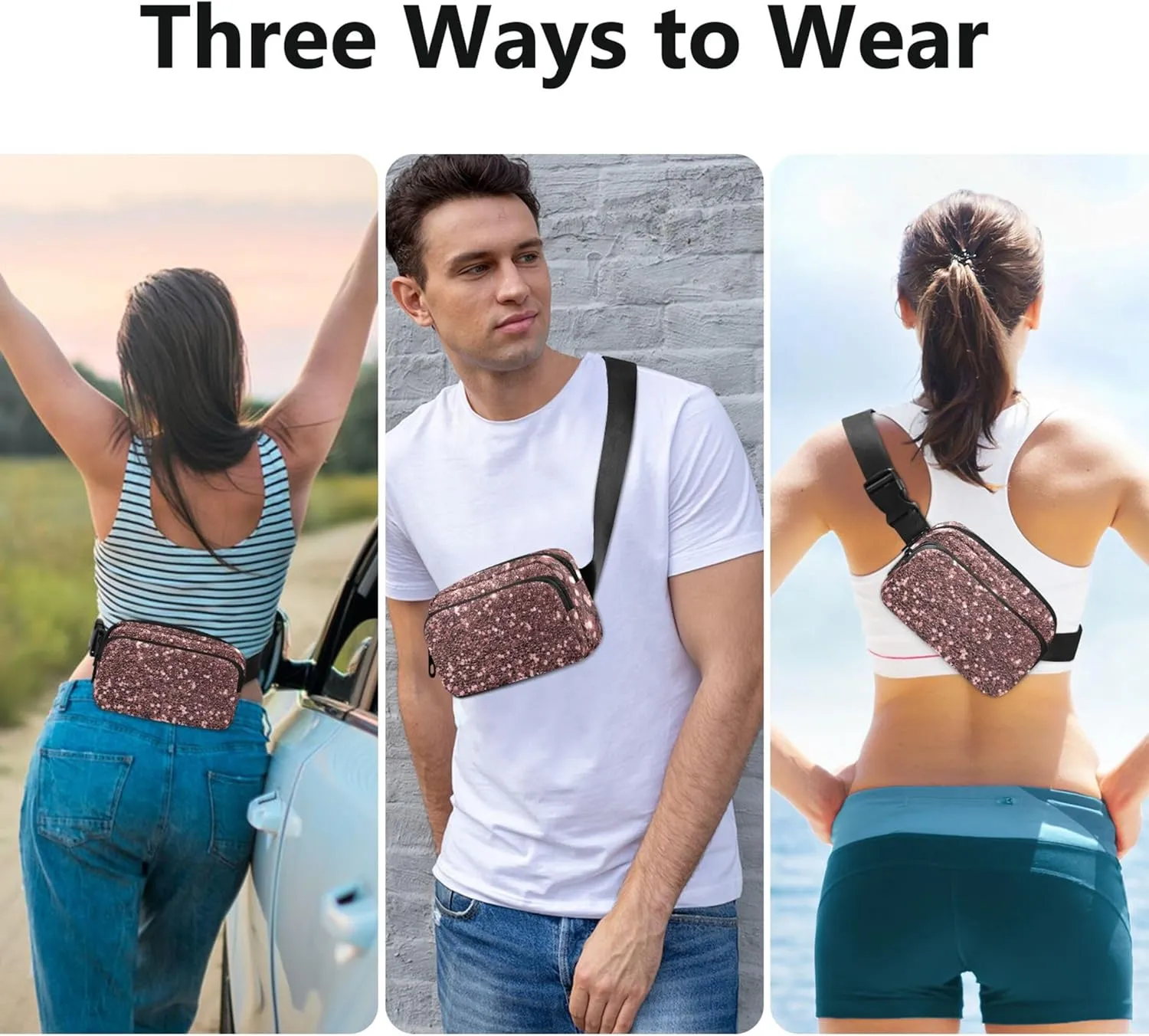 Pink Rose Glitter Womens Fanny Pack Waterproof Everywhere Belt Bag Neon Crossbody Waist Pack