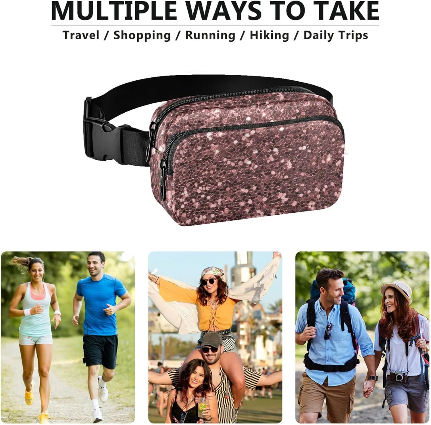 Pink Rose Glitter Womens Fanny Pack Waterproof Everywhere Belt Bag Neon Crossbody Waist Pack