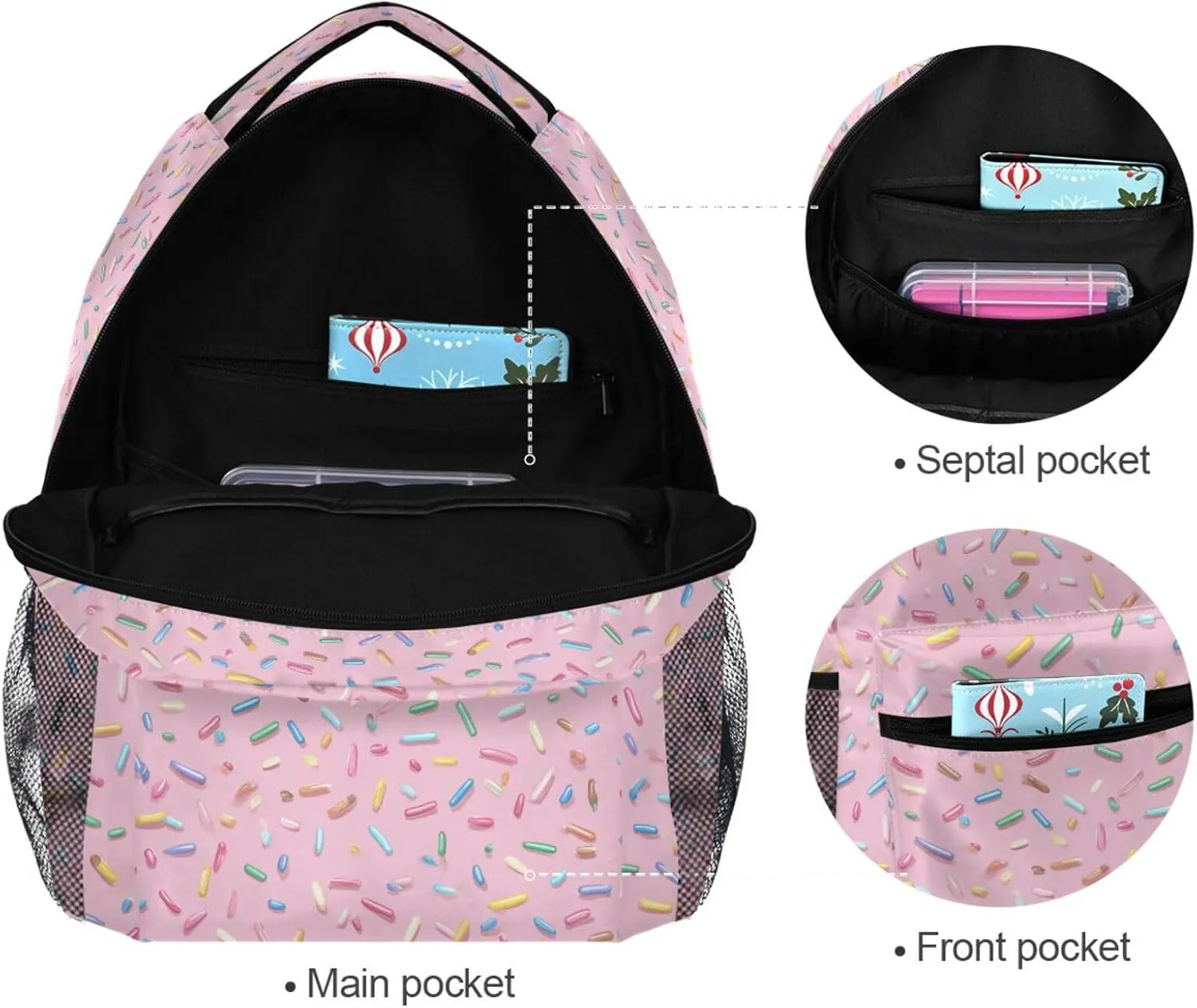 Pink Sugar Granule Large Kids Backpack with Personalized Label Full-Print Design Reinforced Twill & Soft Peach Lining, Great for Elementary School Camping Weekend Outings