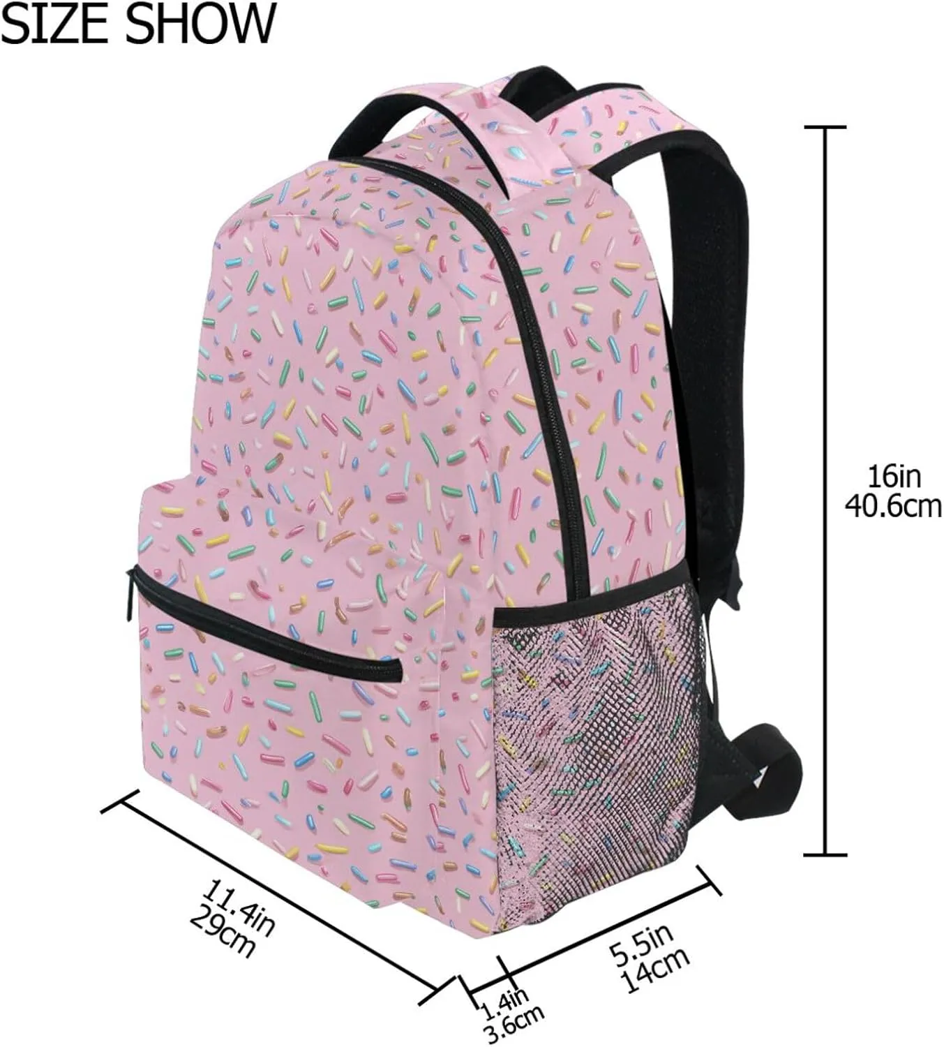 Pink Sugar Granule Large Kids Backpack with Personalized Label Full-Print Design Reinforced Twill & Soft Peach Lining, Great for Elementary School Camping Weekend Outings