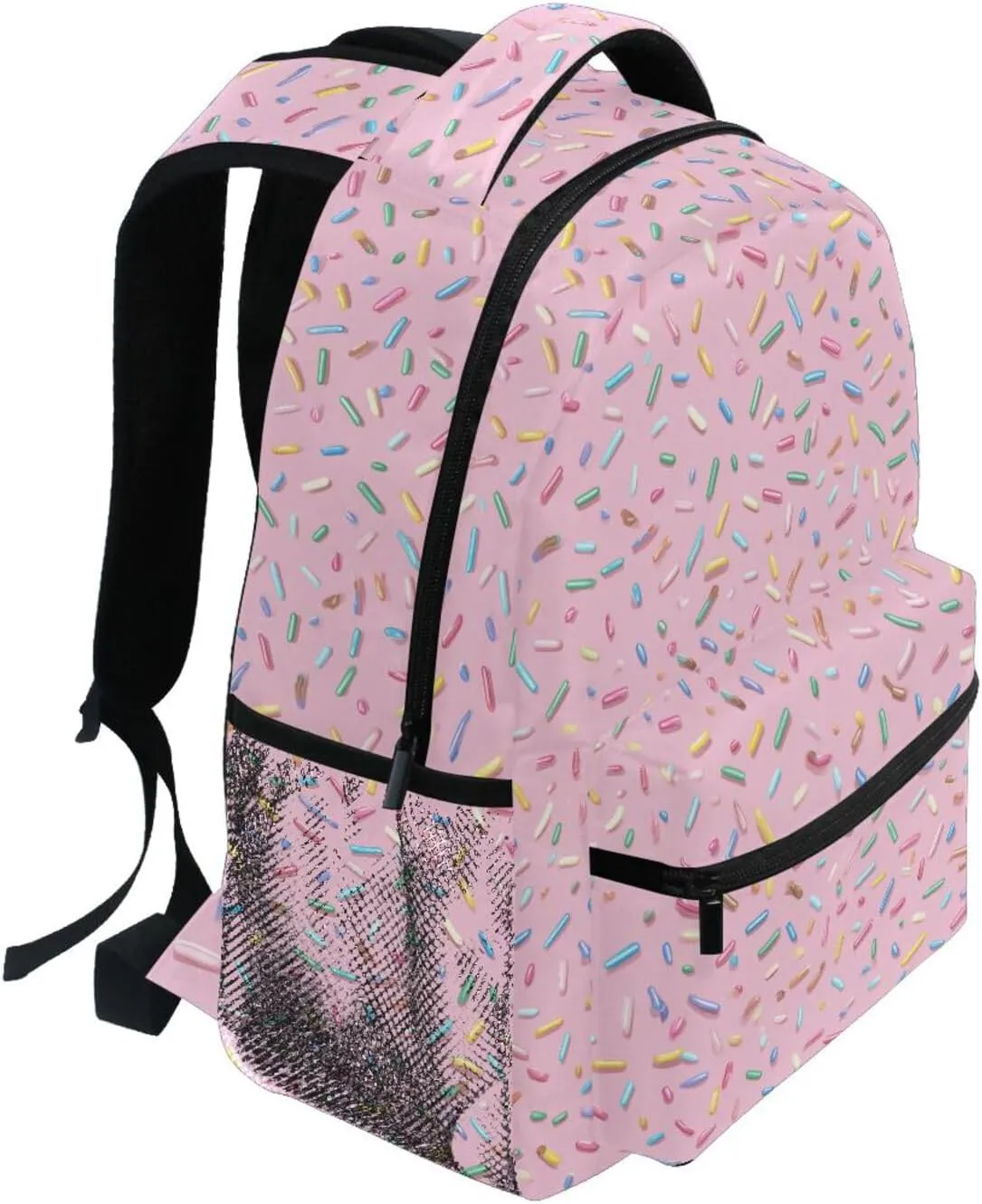Pink Sugar Granule Large Kids Backpack with Personalized Label Full-Print Design Reinforced Twill & Soft Peach Lining, Great for Elementary School Camping Weekend Outings