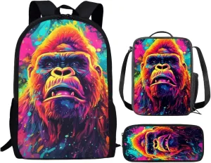 PinUp Angel Cool Gorilla School Bag For Kids Backpack With Lunch Bag and Pencil Bag, Cool Magical Animal Bag For Children Boys and Girls Bookbag