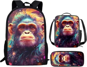 PinUp Angel Cool Monkey Backpack For Kids School Bag With Lunch Bag and Pencil Bag, Cool Magical Animal Bag For Children Boys and Girls Bookbag