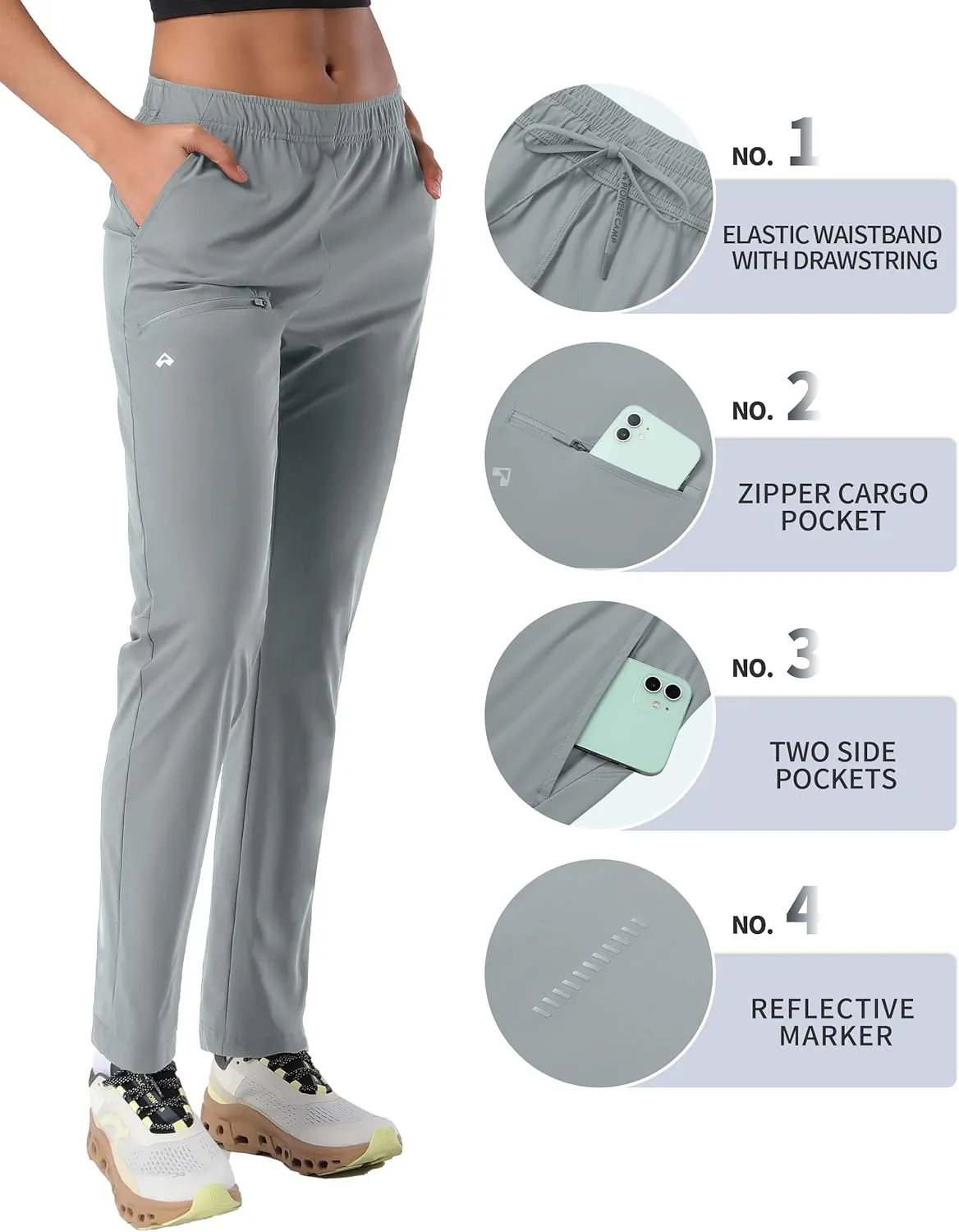 Pioneer Camp Women's Hiking Pants UPF 50  Elastic Waist Drawstring Ultra-Stretch Lightweight Outdoor Cargo Pants for Travel