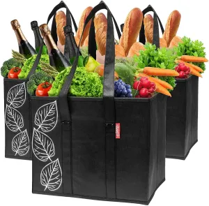PLANET E Reusable Foldable Grocery Bags with Reinforced Bottoms (Pack of 3, Black)