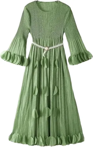 Pleated Appliques Dress Women A Line Round Collar Flare Sleeve Solid Color Belt Wedding Party Dresses