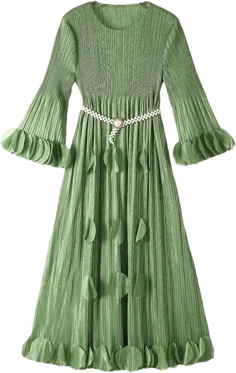 Pleated Appliques Dress Women A Line Round Collar Flare Sleeve Solid Color Belt Wedding Party Dresses