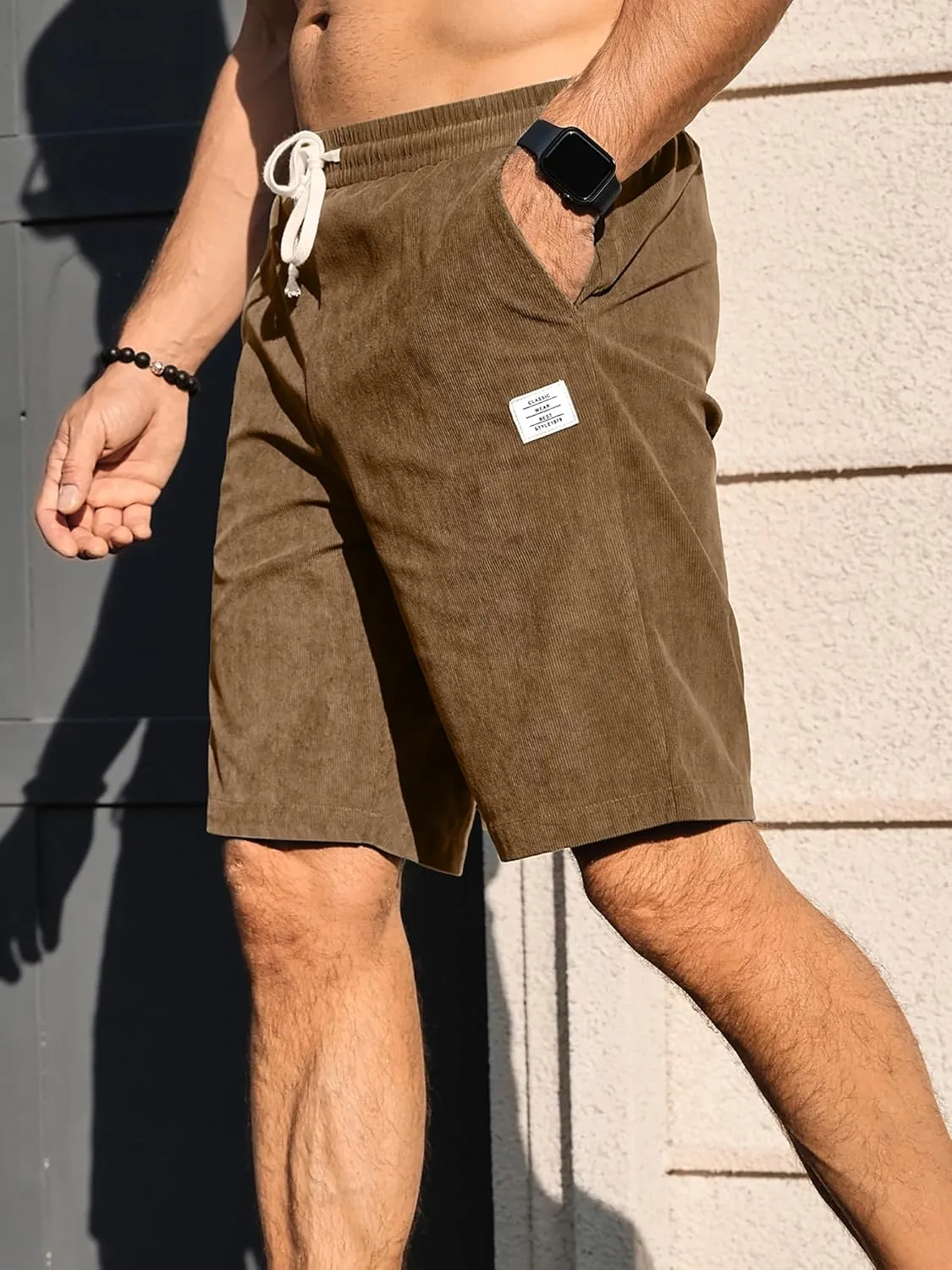 PLEPAN Men's Shorts Casual Corduroy Drawstring Elastic Waist Lightweight Summer Beach Shorts Loose Fit