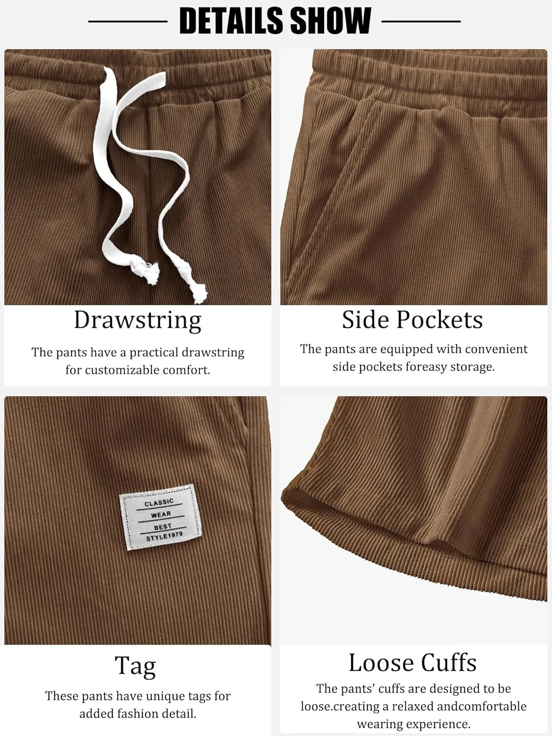 PLEPAN Men's Shorts Casual Corduroy Drawstring Elastic Waist Lightweight Summer Beach Shorts Loose Fit