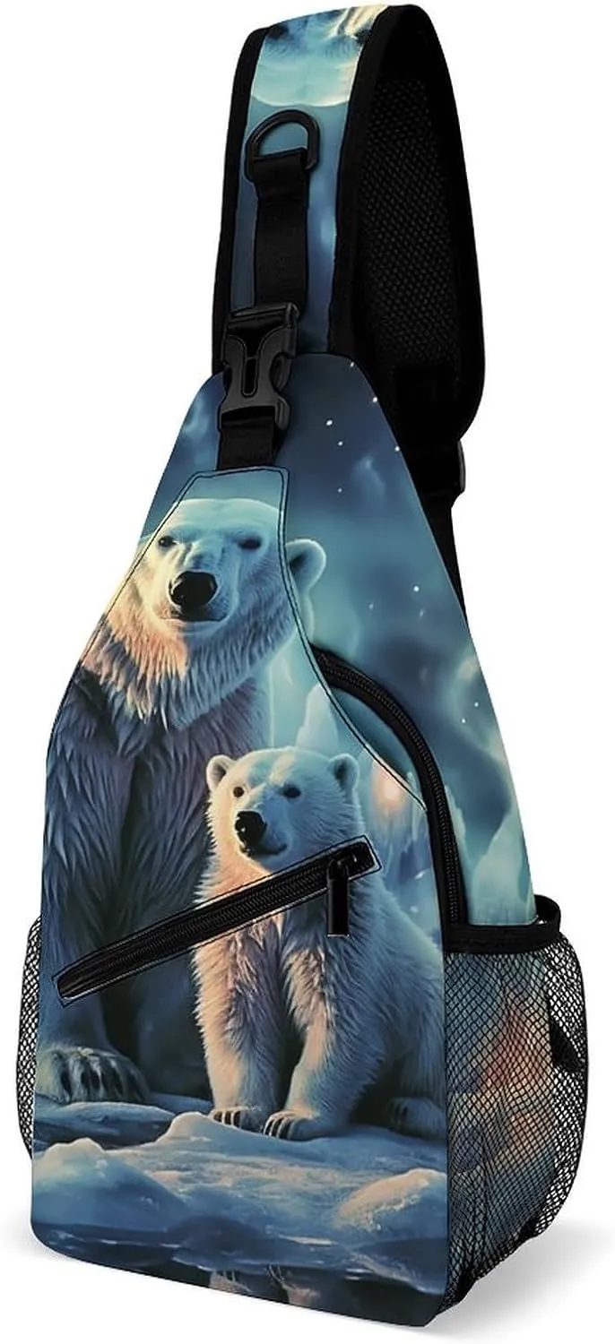 Polar Bears Northern Lights Sling Bag for Men Women Travel Crossbody Bags Large Hiking Sling Backpack Chest Bag Man Purse