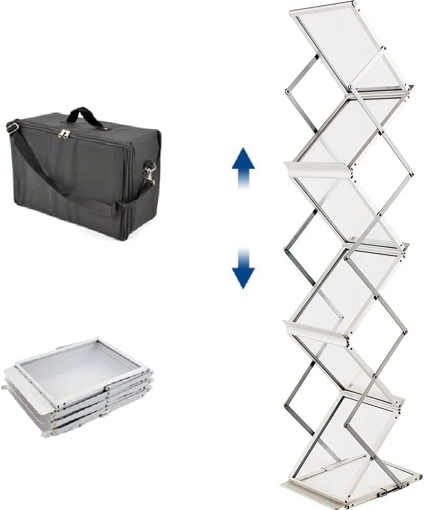 Pop up Aluminum Magazine Rack, 6 Pockets Brochure Display Stand, Foldable Literature Rack Magazine Catalog Display Stand with Carrying Bag for Office,Store, Exhibition & Trade Show