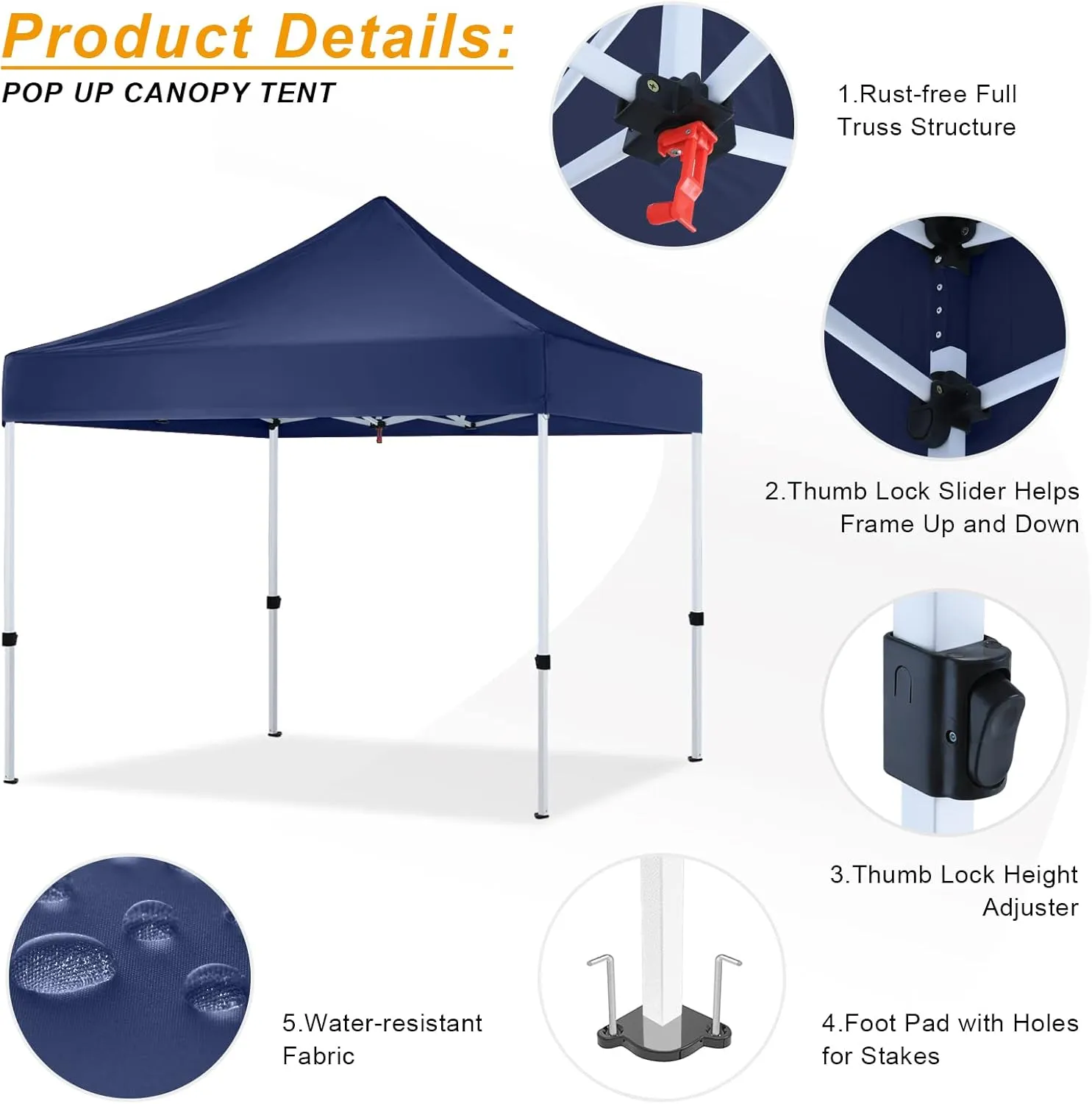 Pop Up Canopy Tent 10x10 for Outdoor Heavy Duty Commercial Instant Sun Shelter,with Wheeled Carry Bags,4Ropes and Stakes and 4 sandbags,Navy Blue