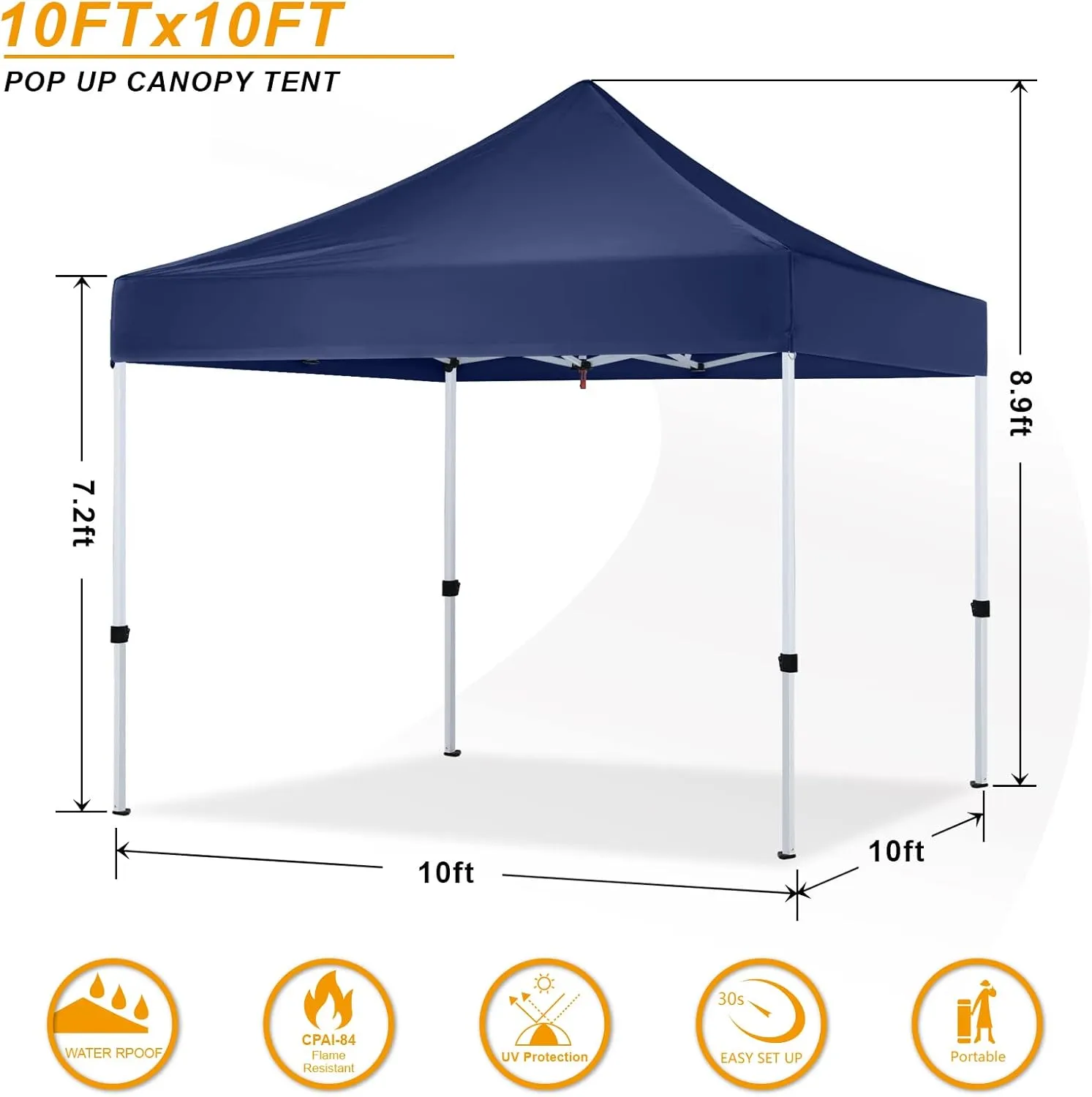 Pop Up Canopy Tent 10x10 for Outdoor Heavy Duty Commercial Instant Sun Shelter,with Wheeled Carry Bags,4Ropes and Stakes and 4 sandbags,Navy Blue