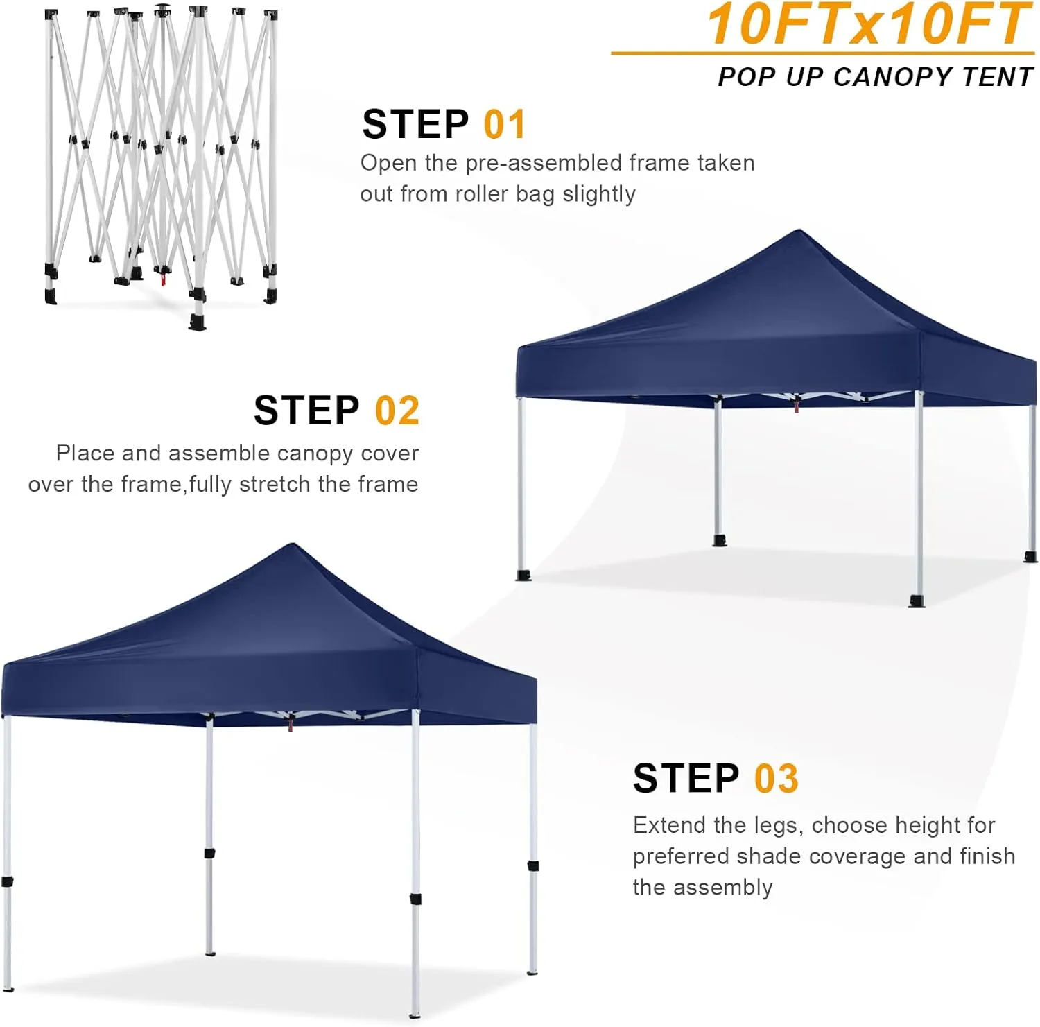 Pop Up Canopy Tent 10x10 for Outdoor Heavy Duty Commercial Instant Sun Shelter,with Wheeled Carry Bags,4Ropes and Stakes and 4 sandbags,Navy Blue