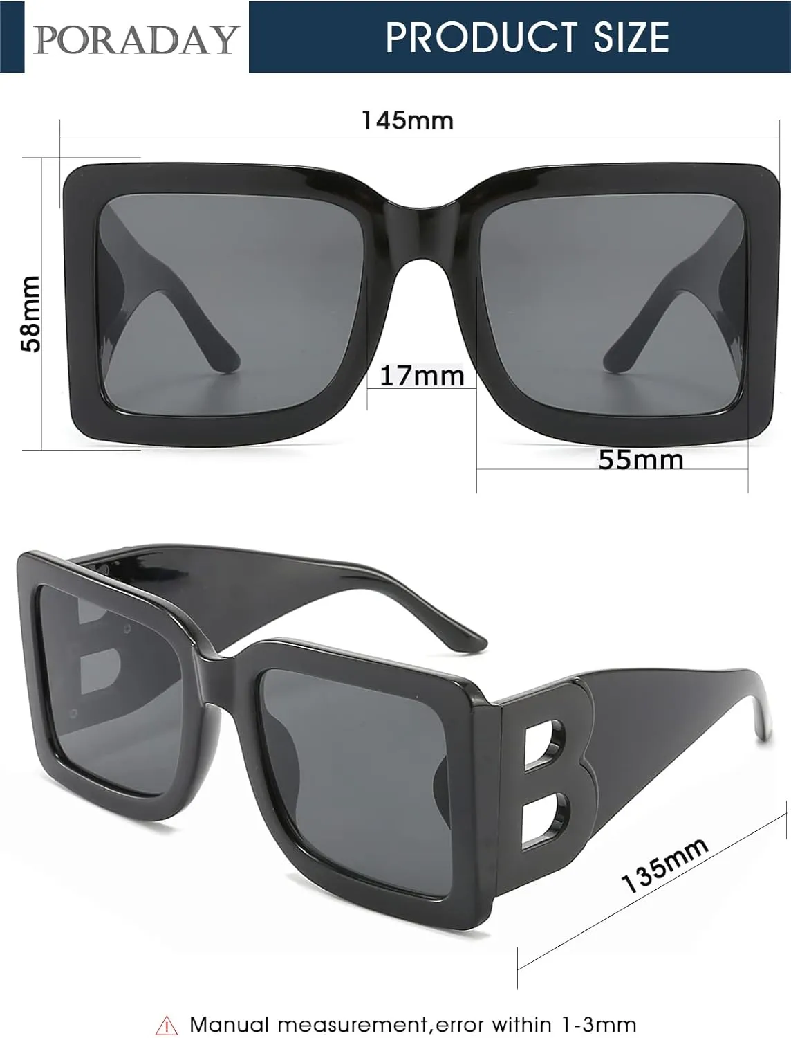 PORADAY Fashion Large Square Sunglasses for Women Men Trendy Black Thick Frame Luxury Designer Sun Glasses Modern Big Frame