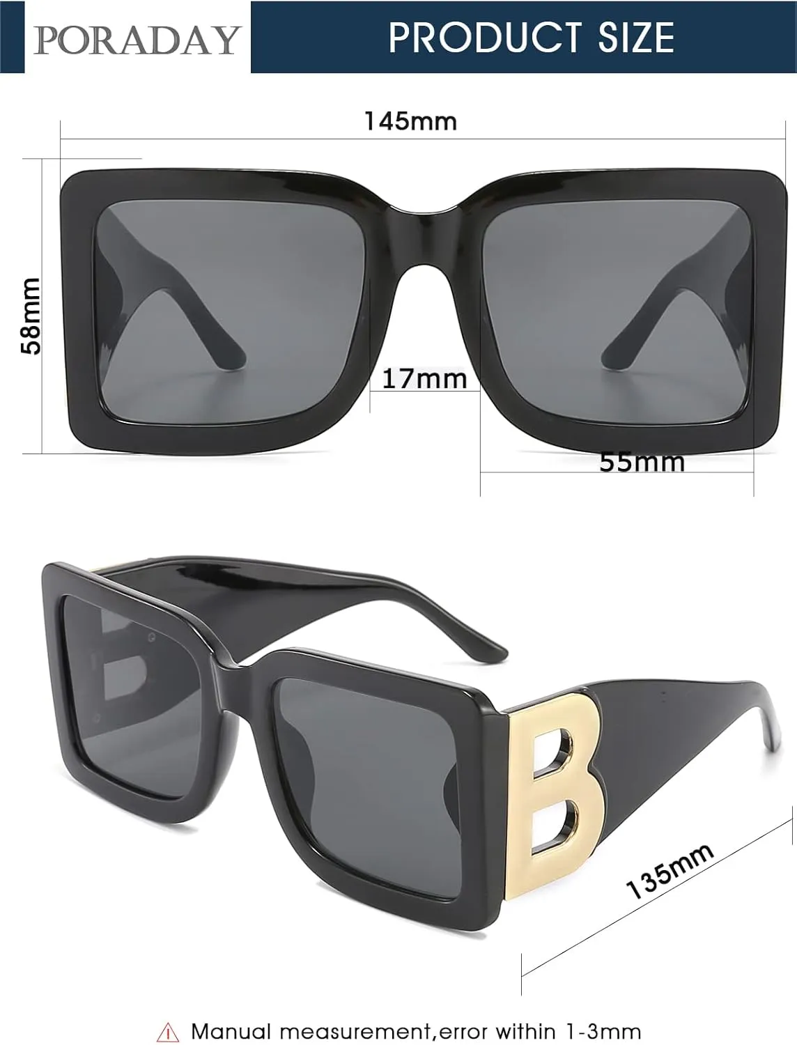 PORADAY Fashion Large Square Sunglasses for Women Men Trendy Black Thick Frame Luxury Designer Sun Glasses Modern Big Frame
