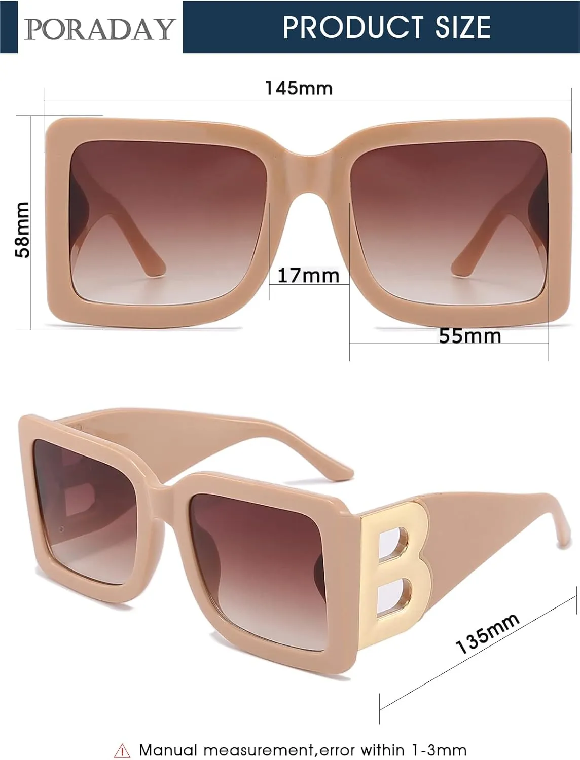 PORADAY Fashion Large Square Sunglasses for Women Men Trendy Black Thick Frame Luxury Designer Sun Glasses Modern Big Frame