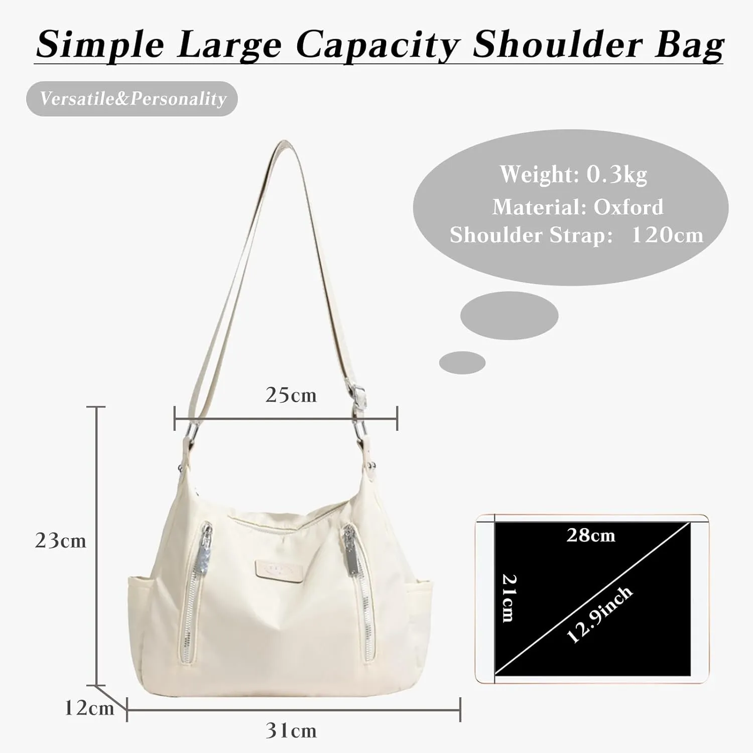 PORRASSO Casual Crossbody Bag Women Shoulder Bag Oxford Cloth Messenger Bag Ladies Satchel for Dating Travel Daily Use White