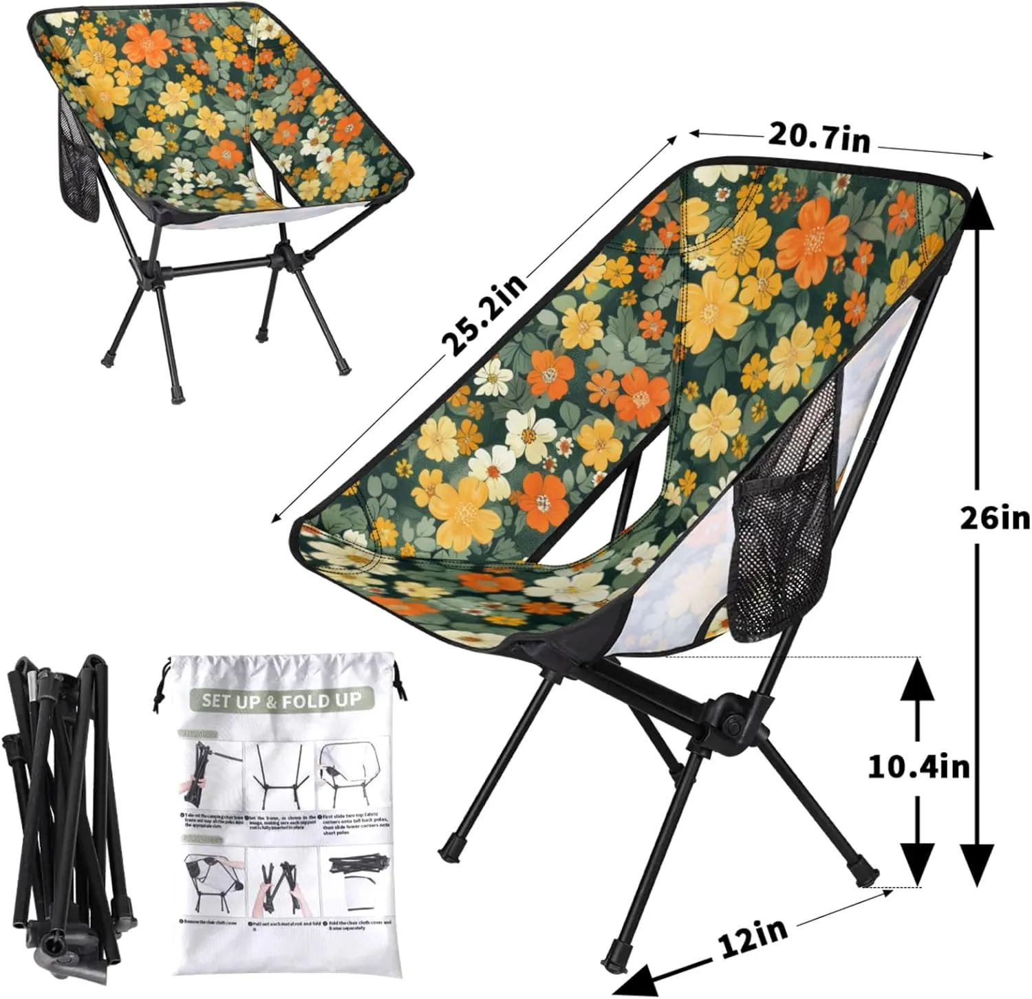 Portable Camping Chair, Folding Chairs for Outside, Flowers Green Lightweight Backpacking Chair, Outdoor Collapsible Beach Chairs for Adults Fishing Lawn, Picnic, Travel, Hiking