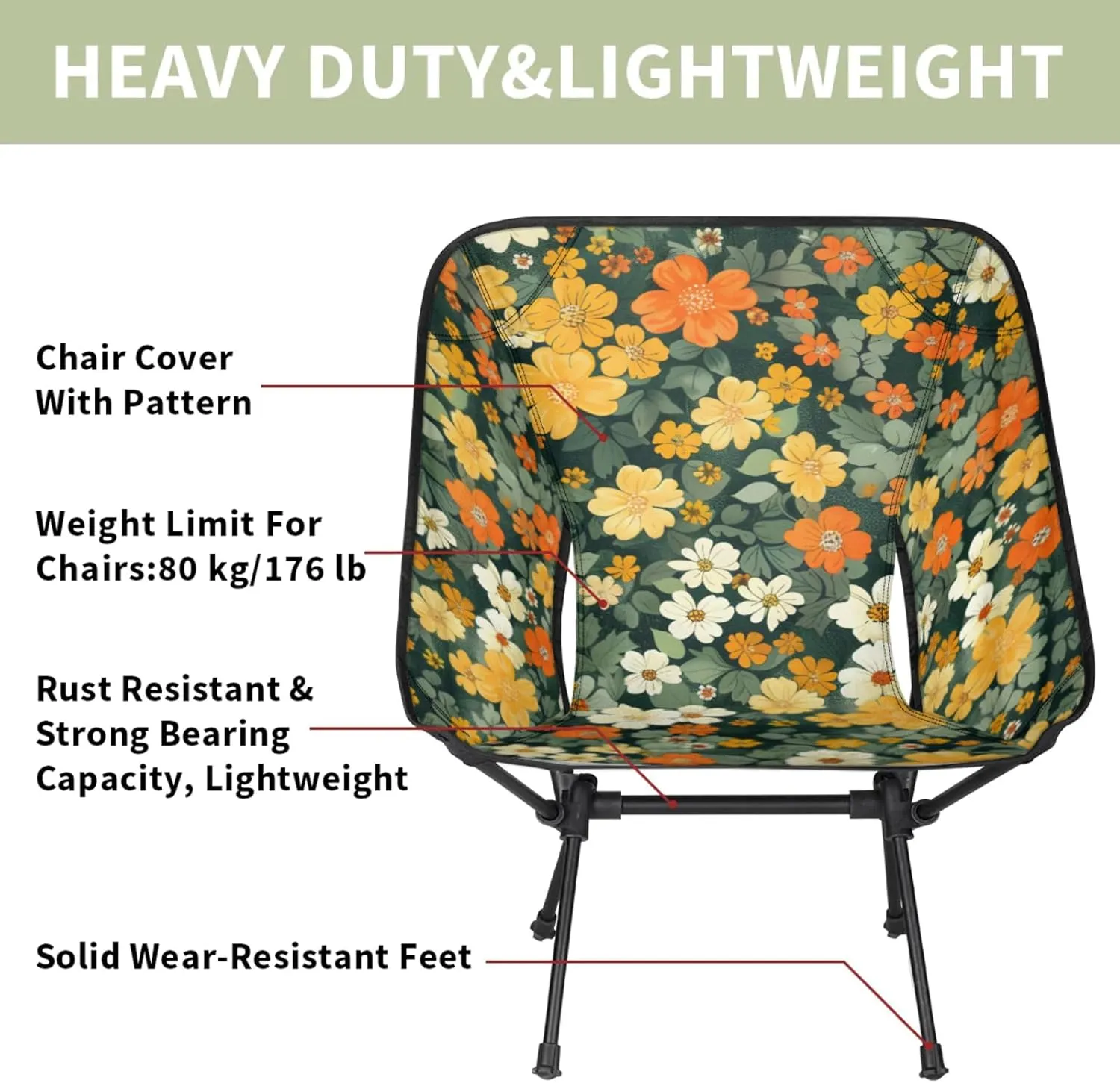 Portable Camping Chair, Folding Chairs for Outside, Flowers Green Lightweight Backpacking Chair, Outdoor Collapsible Beach Chairs for Adults Fishing Lawn, Picnic, Travel, Hiking