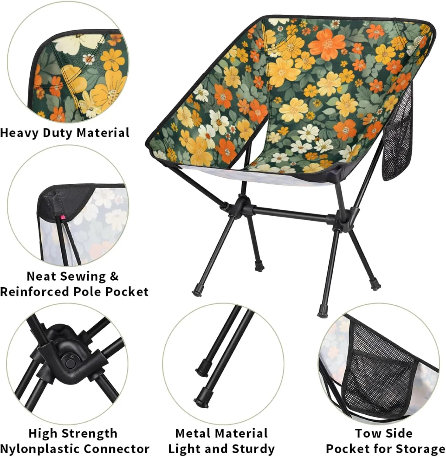 Portable Camping Chair, Folding Chairs for Outside, Flowers Green Lightweight Backpacking Chair, Outdoor Collapsible Beach Chairs for Adults Fishing Lawn, Picnic, Travel, Hiking
