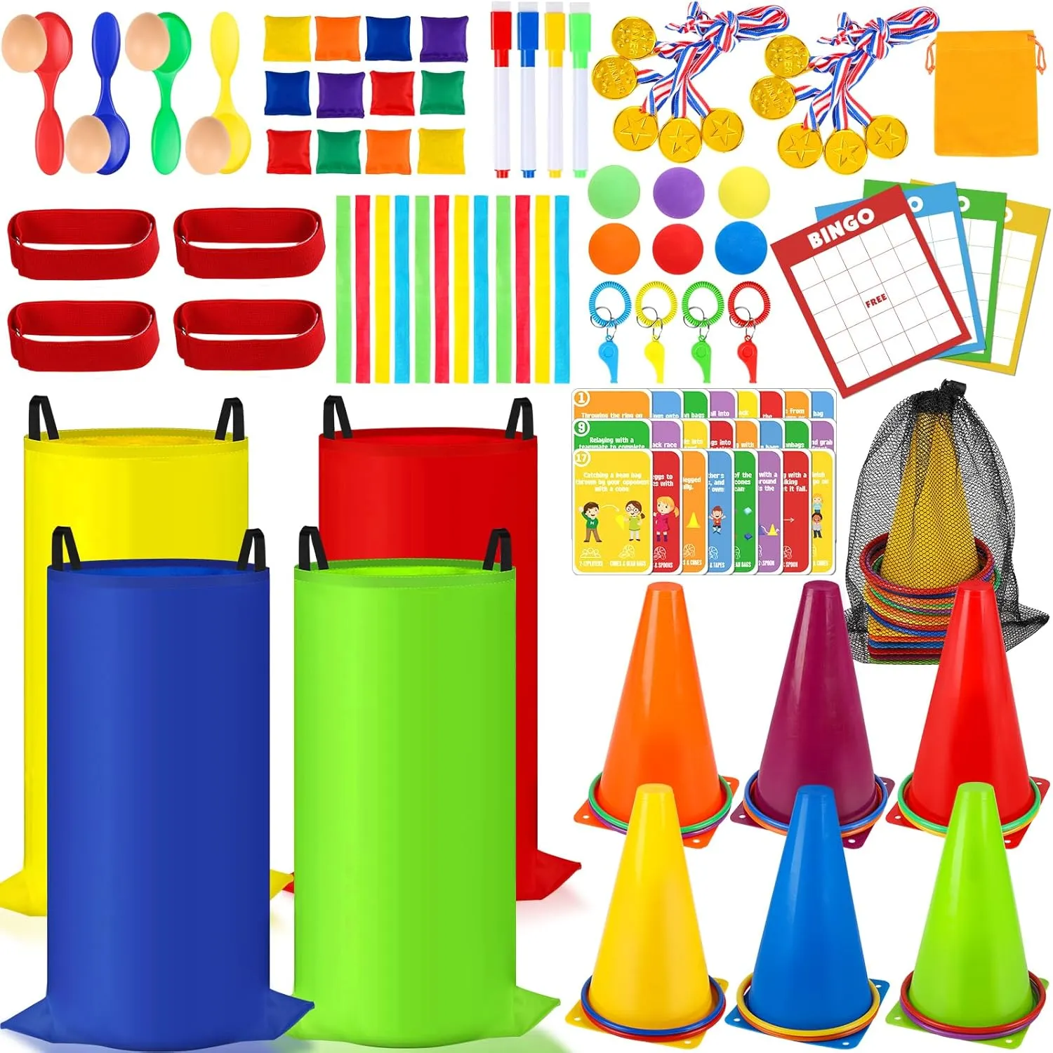Potato Sack Race Bags, 116 Pcs Outdoor Carnival Games for Kids, Lawn Field Day Games Set with Bean Bags, Ring Toss, Cones, Bingo Cards, Carnival Yard for Family Adults Kids Birthday Party