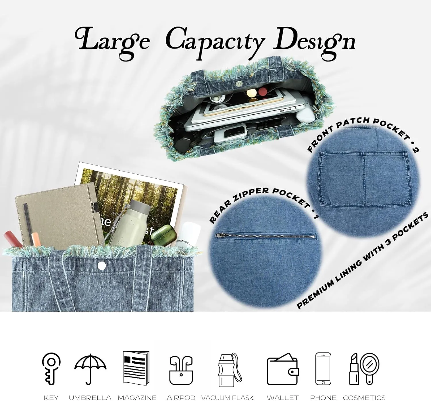 Premium Green Yarn Fringe Boho Designer Women Purse, 2025 Summer Lightweight Foldable Large Denim Tote Bag with Pockets