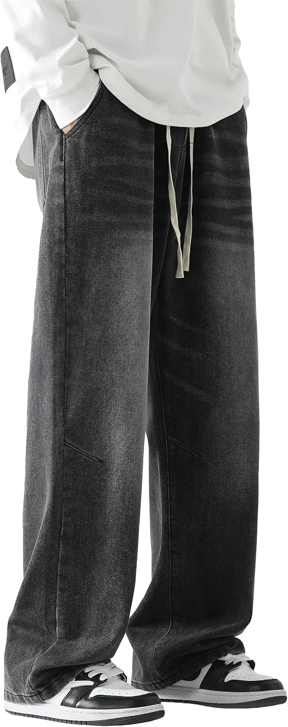 PRIJOUHE Mens Loose Fit Jeans Elastic Waist Wide Leg Baggy Jean Cargo Pants Trousers