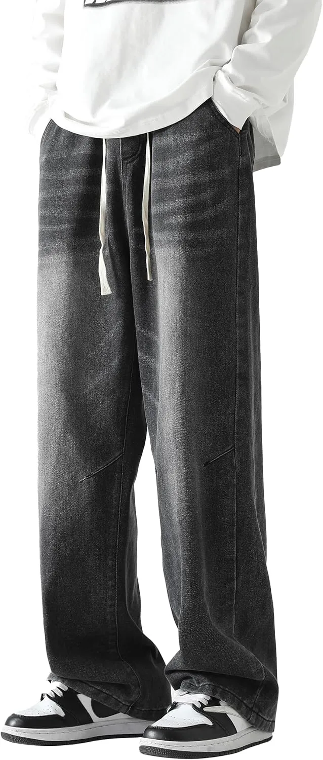 PRIJOUHE Mens Loose Fit Jeans Elastic Waist Wide Leg Baggy Jean Cargo Pants Trousers
