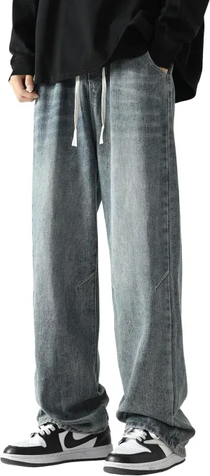 PRIJOUHE Mens Loose Fit Jeans Elastic Waist Wide Leg Baggy Jean Cargo Pants Trousers