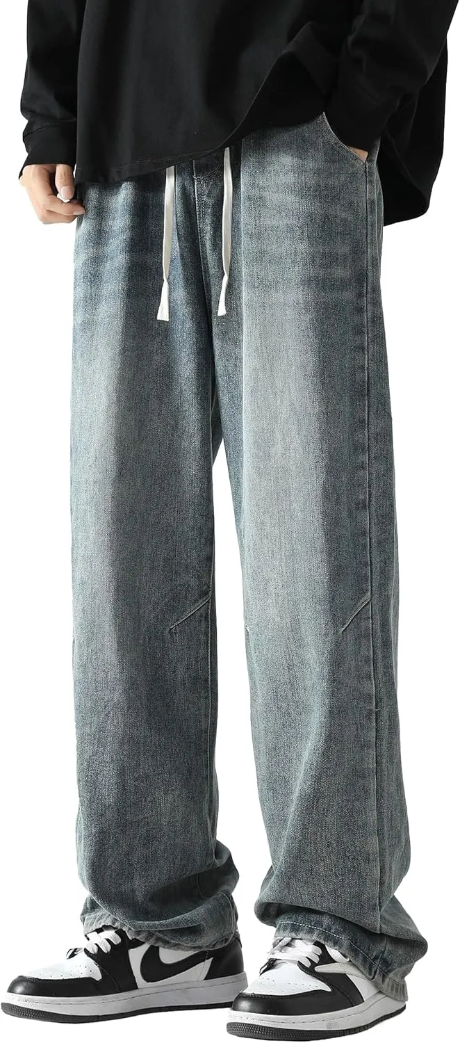 PRIJOUHE Mens Loose Fit Jeans Elastic Waist Wide Leg Baggy Jean Cargo Pants Trousers