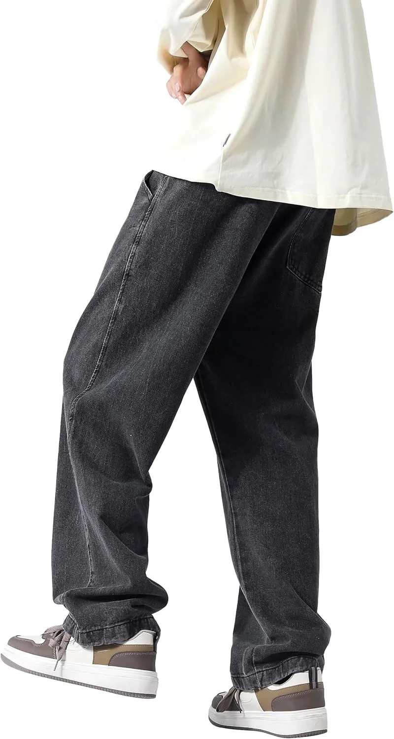 PRIJOUHE Mens Loose Fit Jeans Elastic Waist Wide Leg Baggy Jean Cargo Pants Trousers