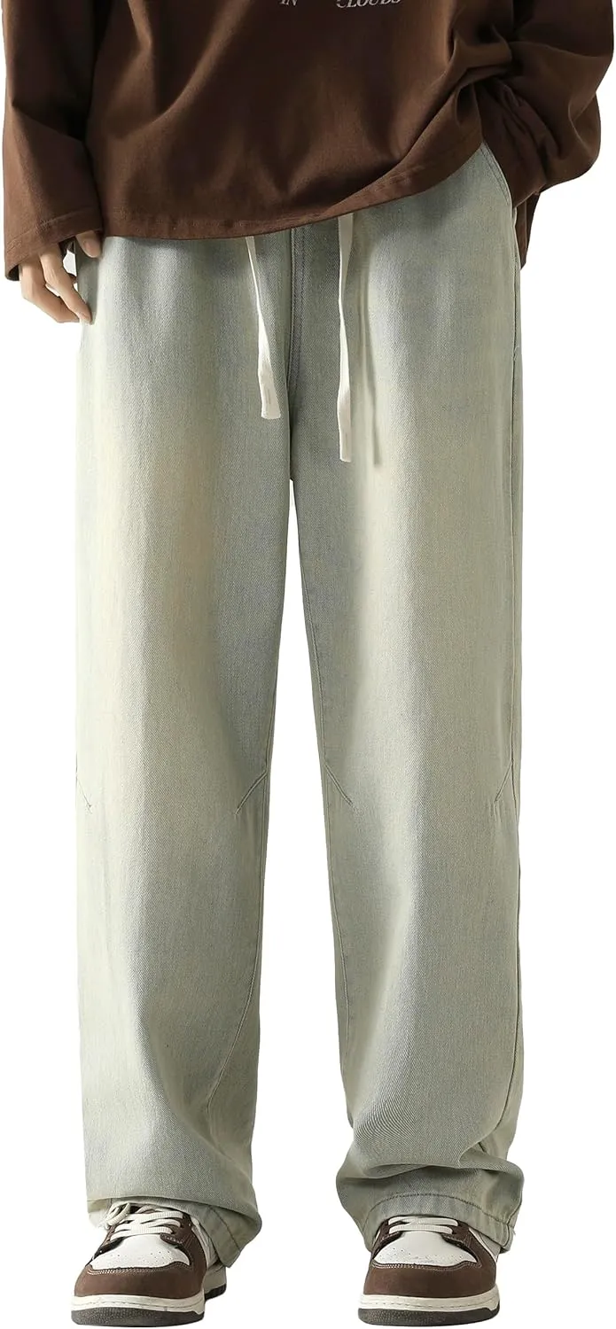PRIJOUHE Mens Loose Fit Jeans Elastic Waist Wide Leg Baggy Jean Cargo Pants Trousers